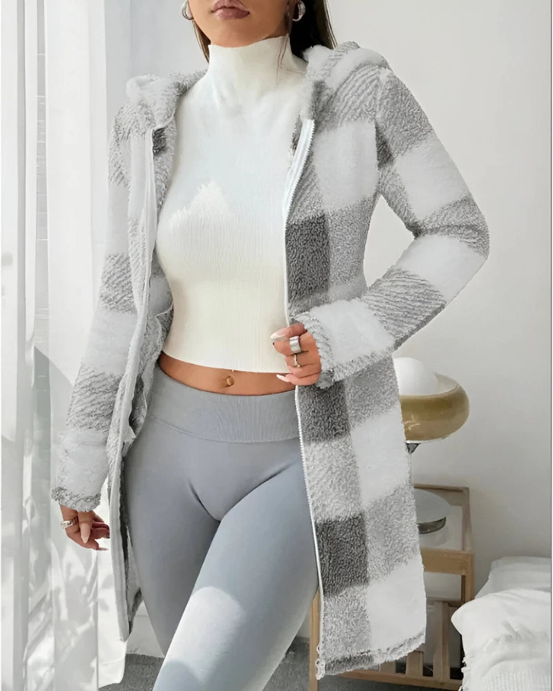 Ermeline | Manteau long à carreaux effet teddy à capuche