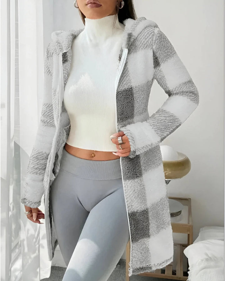 Ermeline | Manteau long à carreaux effet teddy à capuche