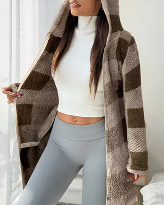Ermeline | Manteau long à carreaux effet teddy à capuche