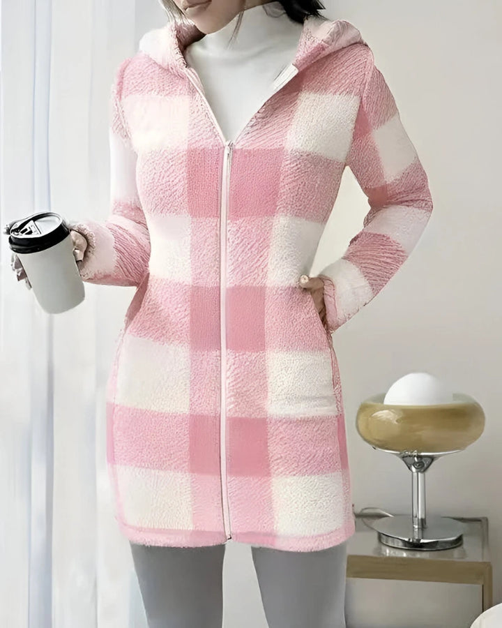 Ermeline | Manteau long à carreaux effet teddy à capuche